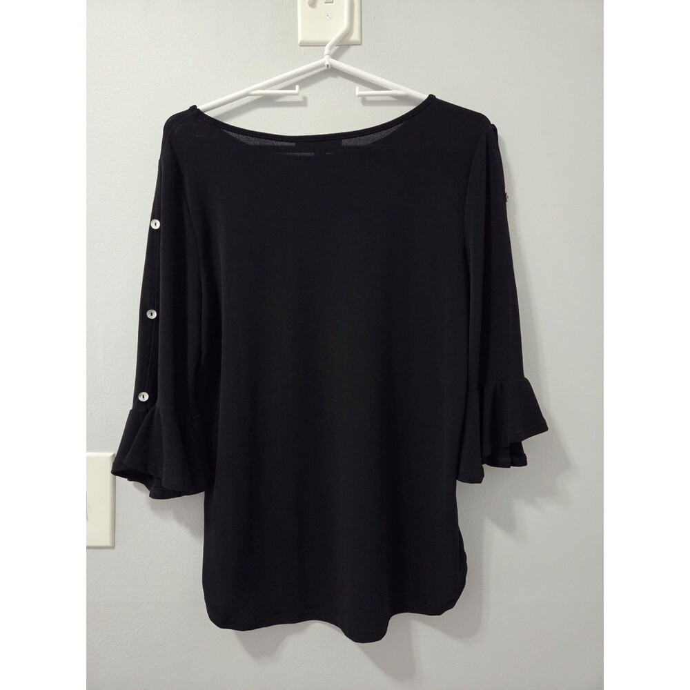 Green Envelope Black Elbow Length Sleeve Black Blouse with Keyhole Openings, M - Picture 2 of 7